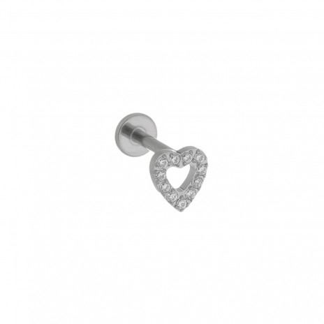 Piercing Labret de Titânio Coração Vazado com Pedras 8mm - Prata 